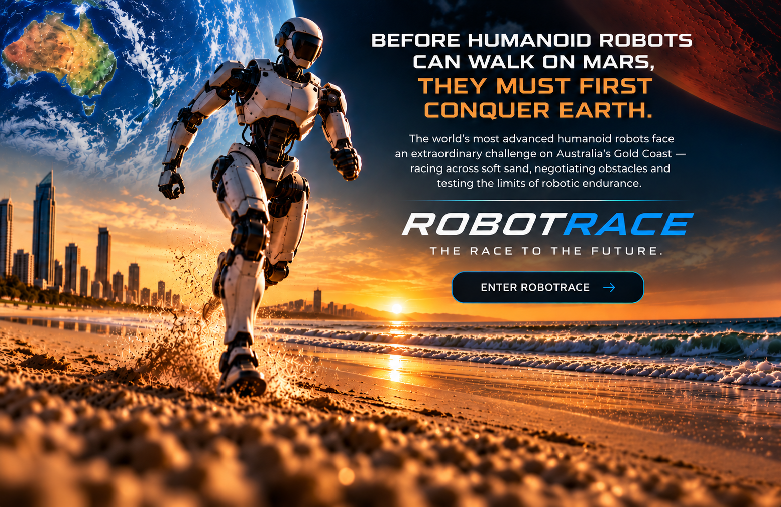 ROBOTRACE opening page: humanoid robot running on a beach beneath Earth and Mars